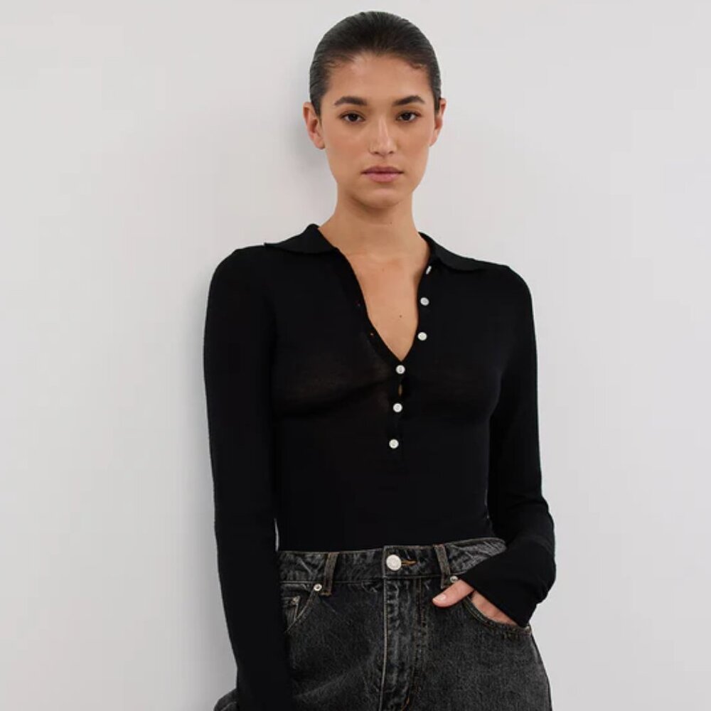 DISSH Jane Merino Polo Knit Top - Black - S - NWT